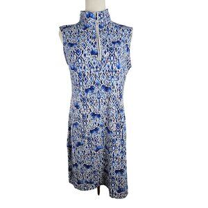 IBKUL Dress Medium Sleeveless Mock Zip Neck Elephant Print Blue UPF50 Resortwear
